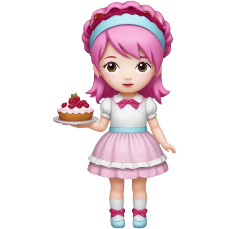 Isolated detaile illustration incredibly raspberry torte doll figurine full body with pink hair and a raspberry hairband emoji