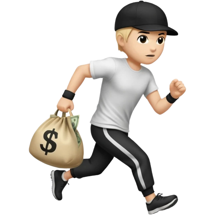 Thief with black cap white t-shirt with black tripes all ower the shirt emoji runing with money bag emoji