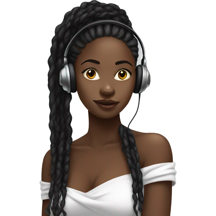 African girl. Black long twists. Wearing white headphones. Listening to music. Wearing an off the shoulder top. emoji