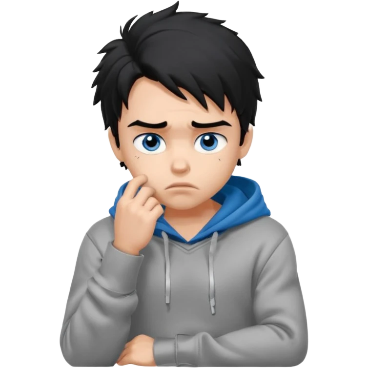 generate a pretty bratz fair skinned boy with messy black hair in a grey hoodie looking sad and bored with hand on chin. Make him muscled emoji
