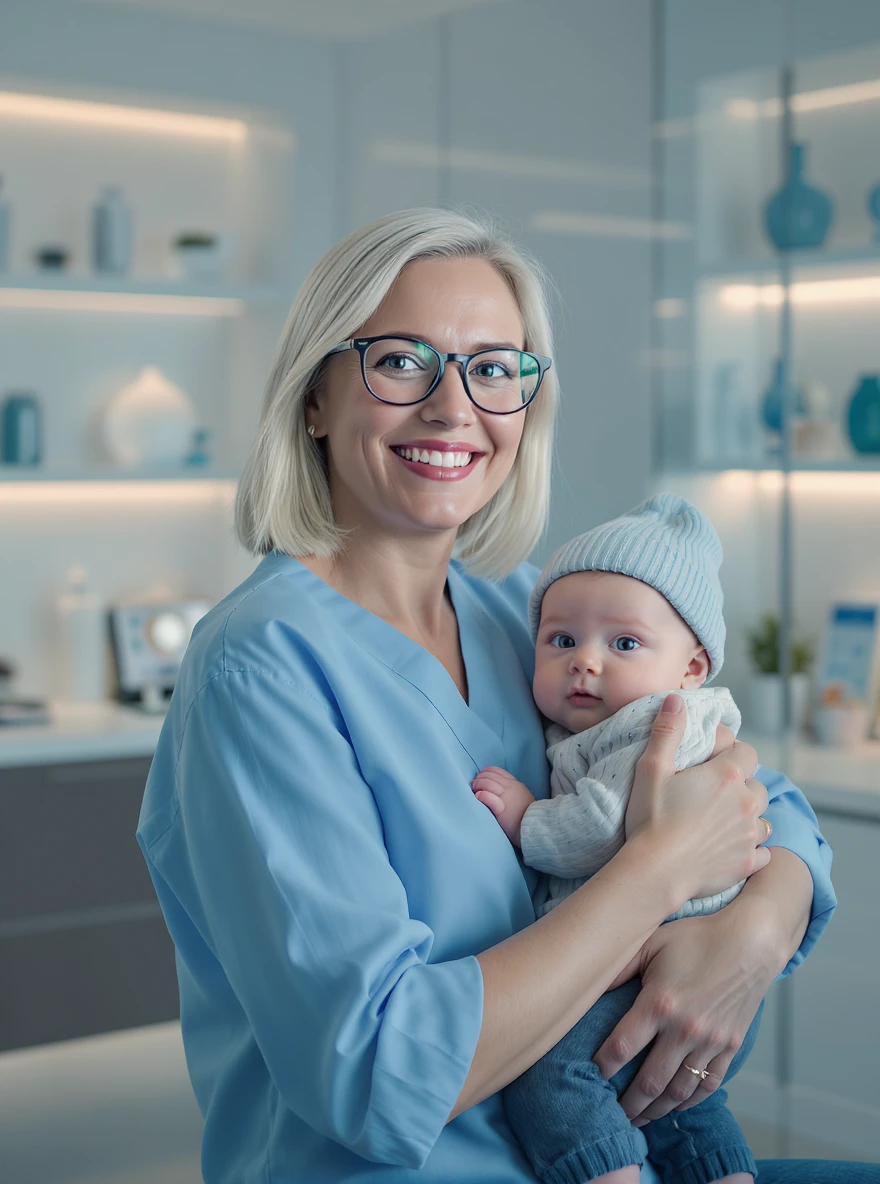 Cinematic still, Proffesional advertising of a smiling european white woman with glasses smiling holding baby, minimalistic ophthalmologist interior in background, leading  lines, "rule of thirds", 60/30/10 colors, soft light, blue colors emoji