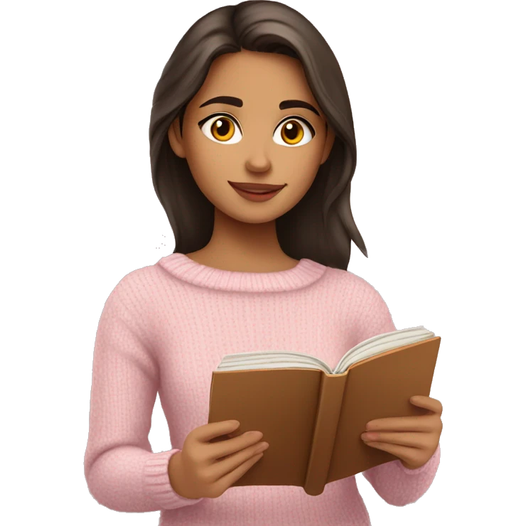 Pretty brown eyed hispanic girl with light pink sweater reading cozy emoji
