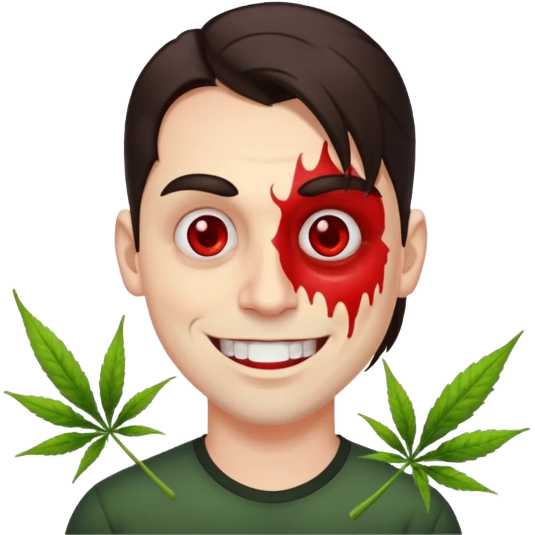 A white man with dark brown hair in a ponytail, oversized bloodshot eyes, grinning, weed smoker  emoji