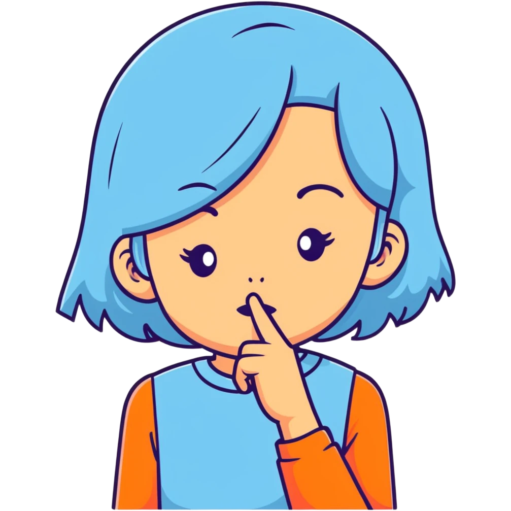 girl wearing pastel blue clothes with finger on lips making a quiet shh gesture emoji