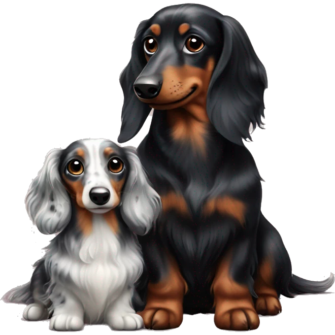 Long-haired black merle dachshund with small one  emoji