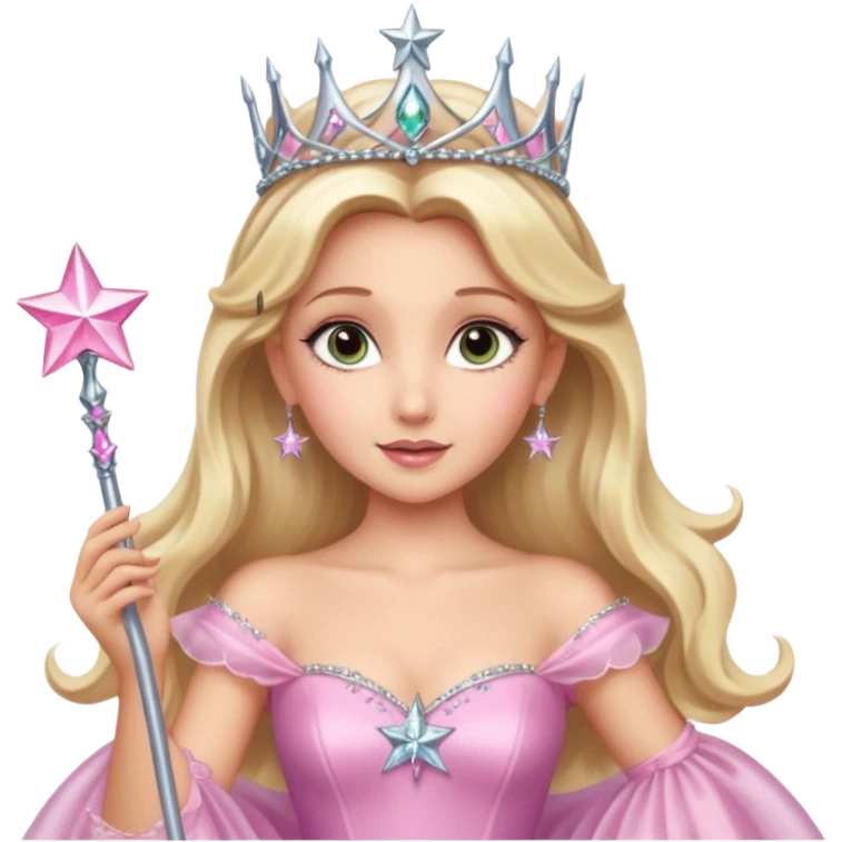 glinda the good witch from wicked movie (ariana grande) blonde hair, beautiful, big silver thin tiara, star wand, pink gown emoji