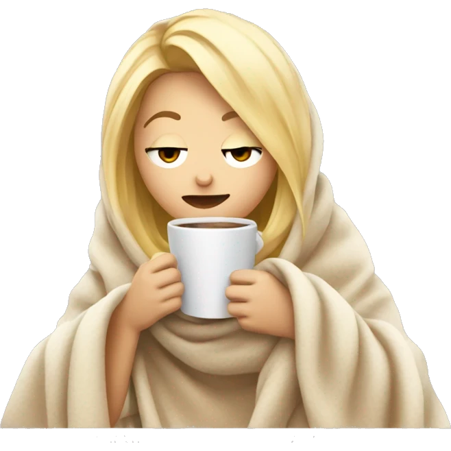 Blondie girl inside a blanket sipping coffee eyes closed emoji