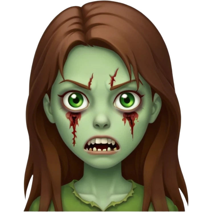Girl zombie with brown long hair with teeth and serious face  emoji