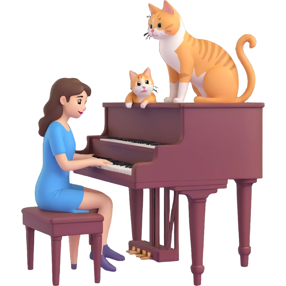 woman playing piano while her cat sits on top of the piano emoji