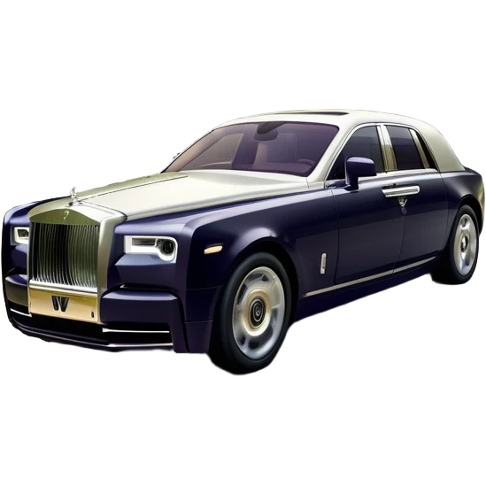 Rolls-Royce Phantom (2022) – cinematic-realistic Rolls-Royce Phantom emoji, its polished silver frame glistening under the sun as it glides down a winding, tree-lined road. The iconic Spirit of Ecstasy hood ornament stands proudly, the V12 engine hums silently  emoji