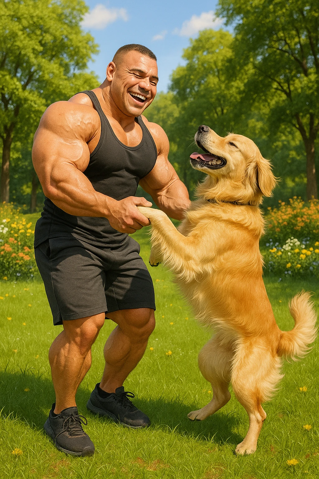 Bodybuilder che balla con un golden retriever emoji