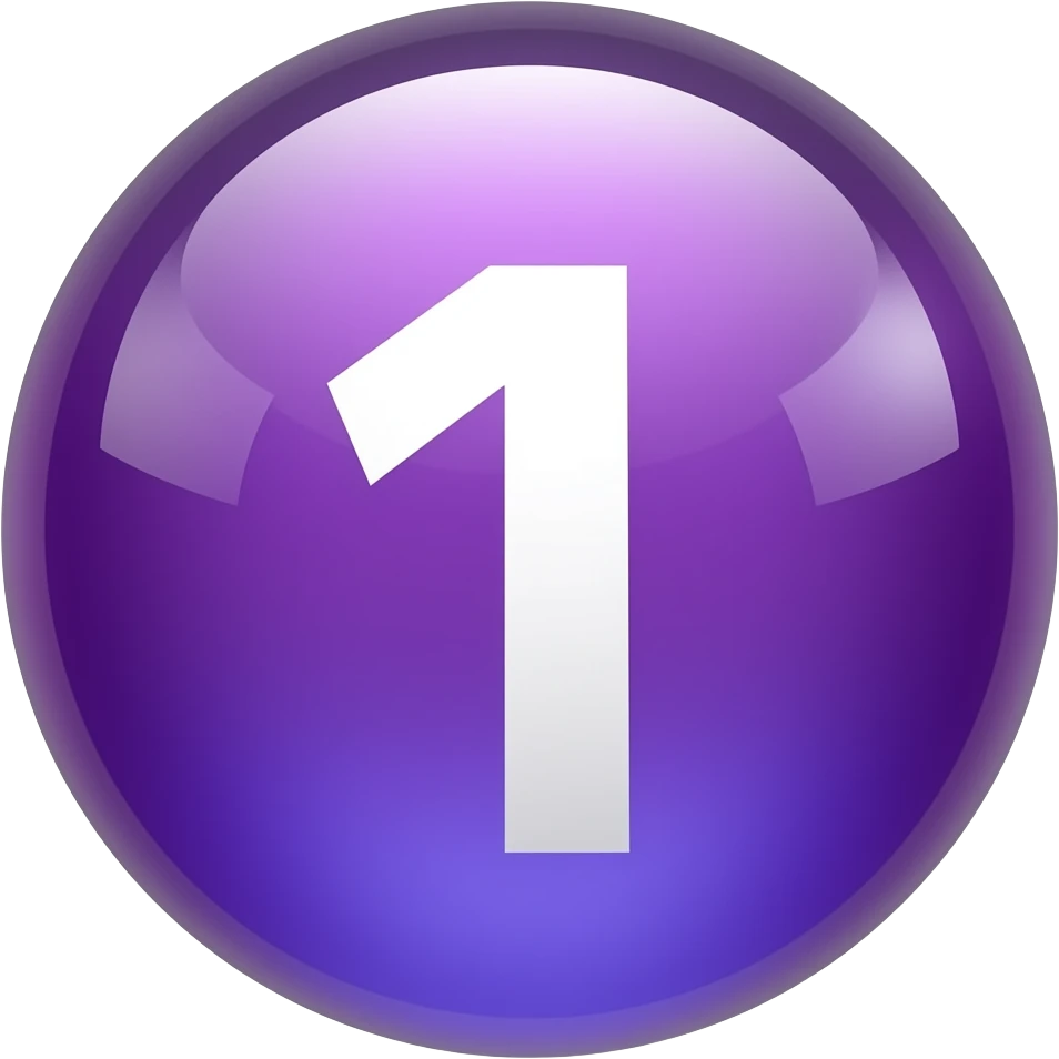 Glossy 3D sphere emoji, "1" bold white text centered, gradient from purple to lavender, glass reflection highlight, bubble style icon emoji
