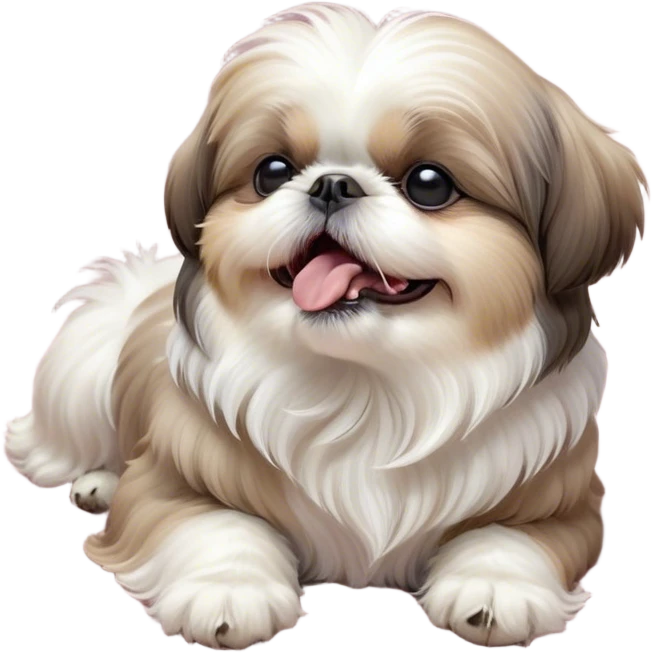 Cinematic Cute Yawning Shih Tzu Portrait Emoji, Head gently tilted with an irresistibly cute yawn and sleepy, half-closed eyes, showcasing a luxurious, fluffy fur in gentle pastel tones, simplified yet endearingly detailed, glowing with a soft, drowsy radiance, high shine, exuding tender, sleepy charm, styled with a delicate, soft glowing outline, capturing the essence of a Shih Tzu caught in a moment of adorable, sleepy bliss! emoji