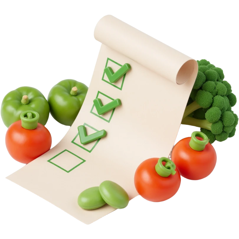 floating rolled paper list with green checkboxes and around vegetables emoji