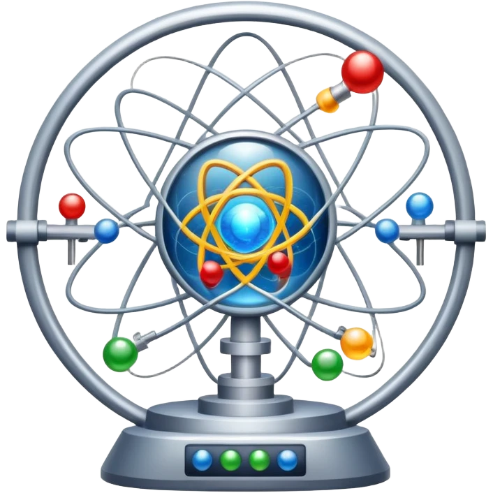 An icon featuring a large particle collider, atom symbols, and energy waves, symbolizing the field of physics. The design includes a lab setup with scientific equipment, representing experiments and fundamental forces of nature. Transparent background highlights the exploration of matter and energy. emoji