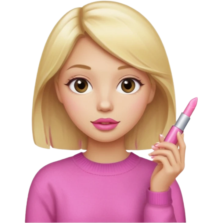 A blonde haired girl with a pink sweater and holding a lip gloss emoji