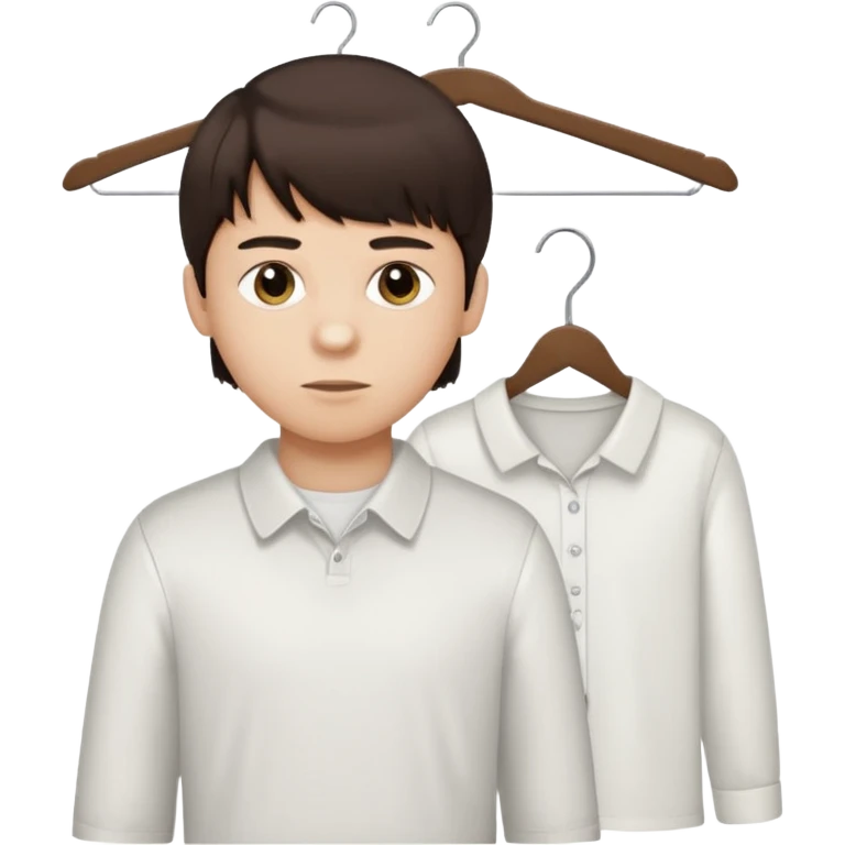 boy dark brown hair with bangs with straight eyebrows with  clothing hanger and the shirt that is hanged is white emoji