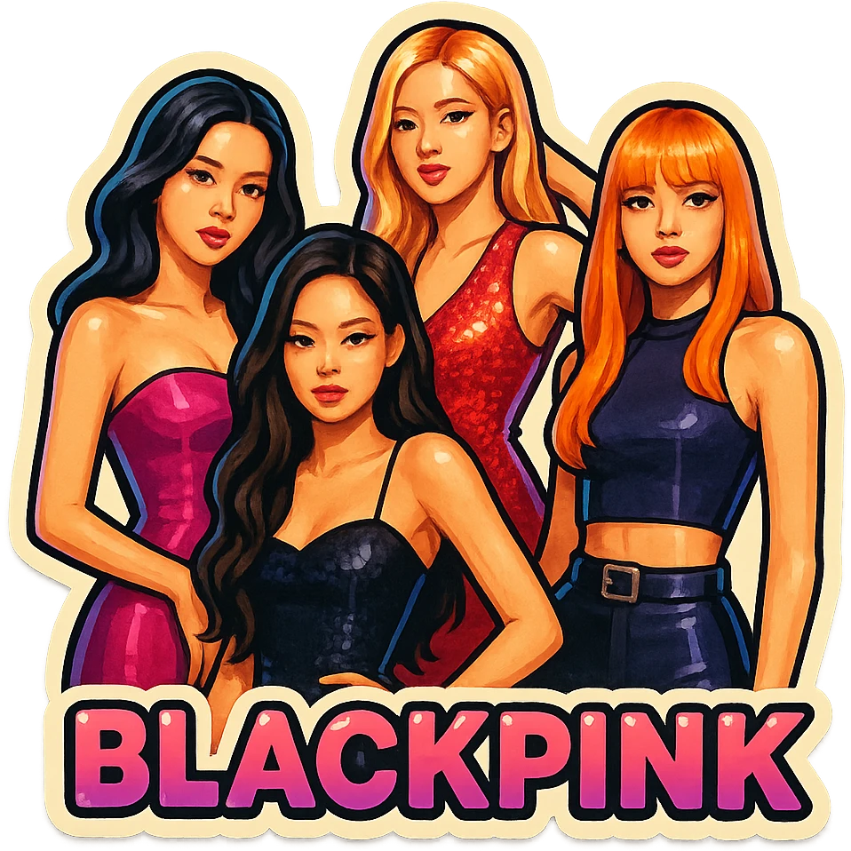 Blackpink, K-pop group, group pose, glamorous and bold, retro stickers style emoji