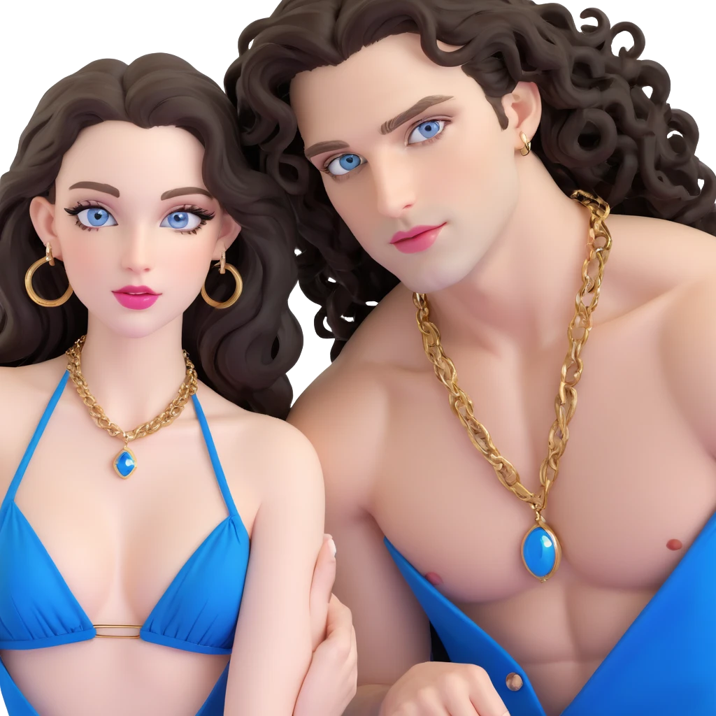 attractive couple in nightclub, colorful lights, woman with big blue-grey eyes, long lashes, pale skin, pink lips, long voluminous dark brown curls, gold hoop earrings, revealing silky halter top next to handsome man with intense blue-grey eyes, chiseled features, pale skin, confident smirk, dark brown styled hair, gold chain, revealing open shirt, dancing together emoji