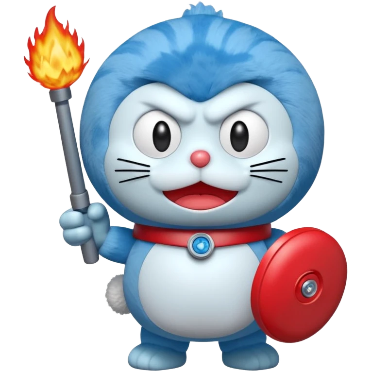 Red angry doraemon plush holding a nuke button emoji
