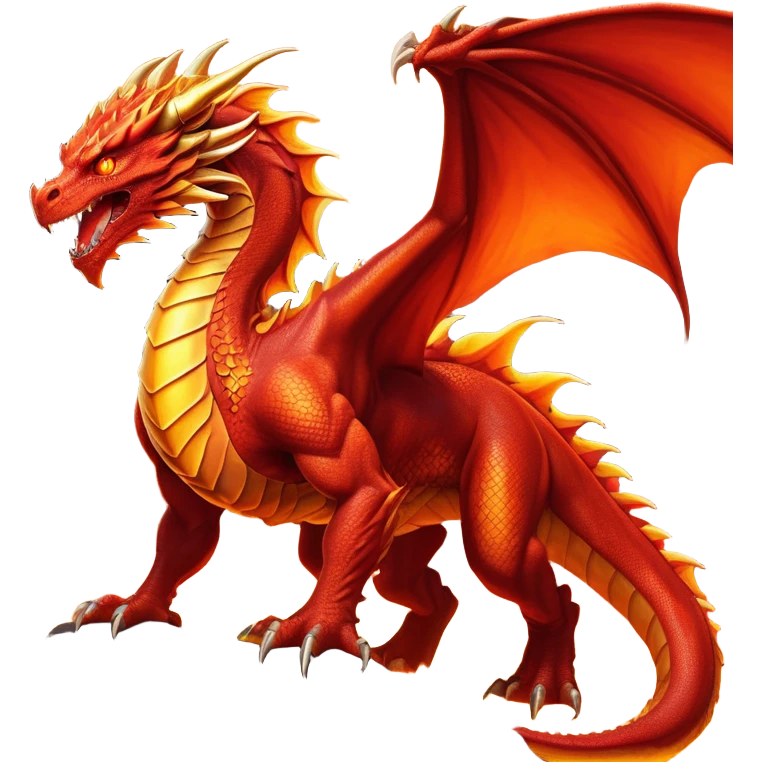 cinematic-noble-fierce-fire-dragon-full body-emoji,-poised-and-imposing,-with-a-muscular,-scaled-body-ablaze-in-fiery-hues-of-crimson,-molten-orange,-and-molten-gold,-and-intense,-burning-eyes-that-mirror-the-heart-of-a-volcano;-rendered in detail emoji