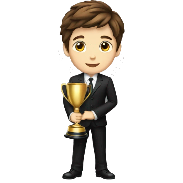 A boy with brown hair with a black suit holding a trophey, full body emoji
