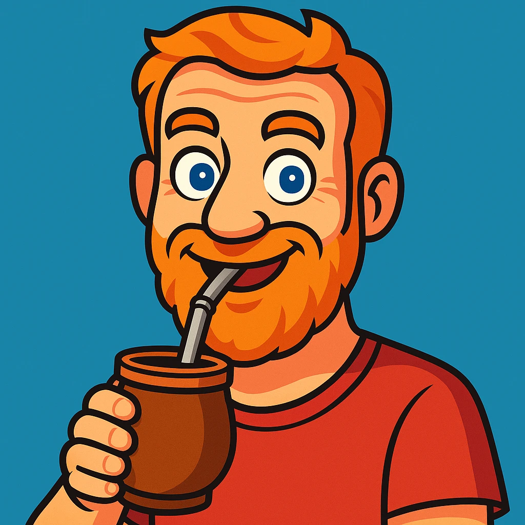 Transform the person drinking mate into a vibrant toon style cartoon. Keep the mate gourd and straw clearly visible. The expression should be friendly and lively, capturing a cheerful and animated vibe. emoji