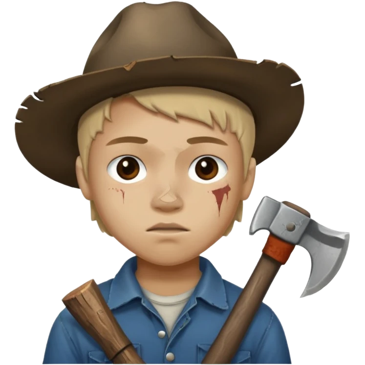 13 y/o Brian robeson at the beginning of Hatchet
distressed, has hatchet, small scratches on face, no blood on hatchet emoji