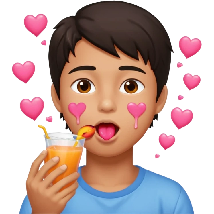 Cute boy, grown out dark hair, eating a peach, pink hearts floating , water dripping from mouth emoji