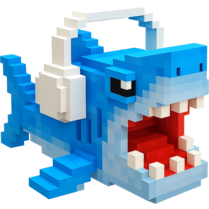 voxel style shark with white headphones, open mouth, blocky, blue and silver, no background emoji
