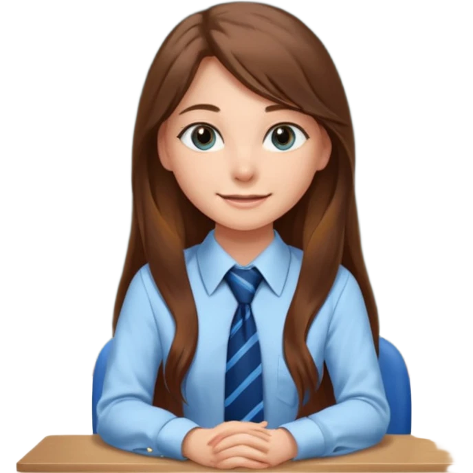 high school class room with a pretty female high school student with long brown hair, blue eyes, wearing a tie, sitting in front of the blackboard emoji
