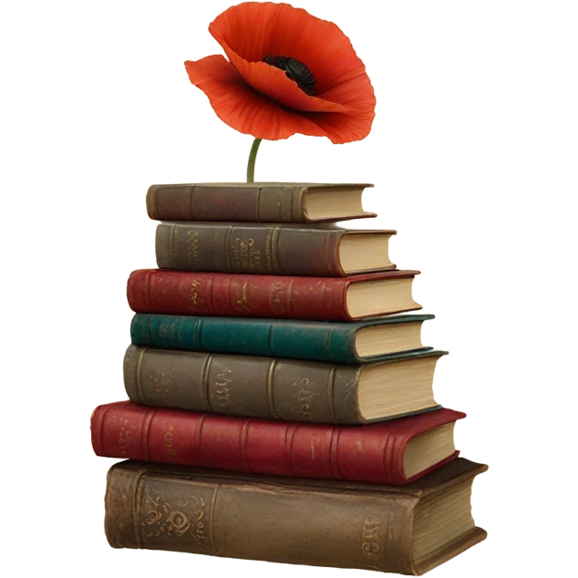 A vintage stack of books with scarlet poppies and a velvet bow emoji