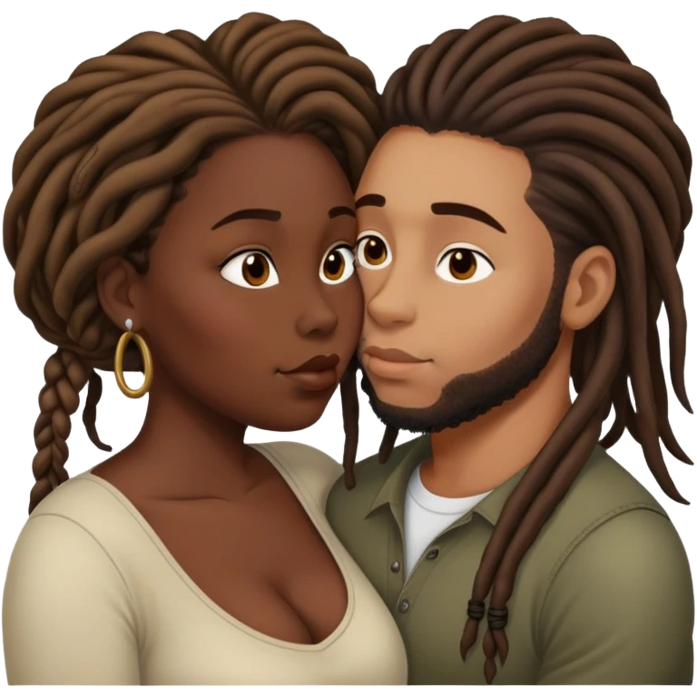 Dark skin bbw woman with brown hair kissing light skin man with dreads emoji
