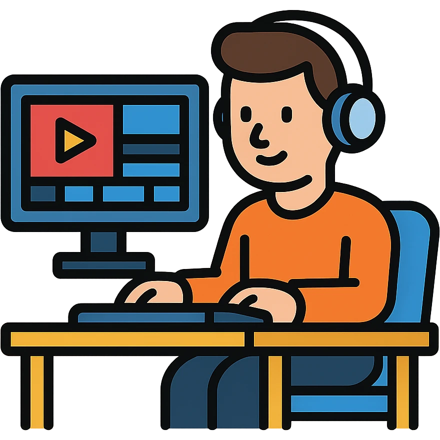 a man sitting at a table editing videos, color outline icon style emoji