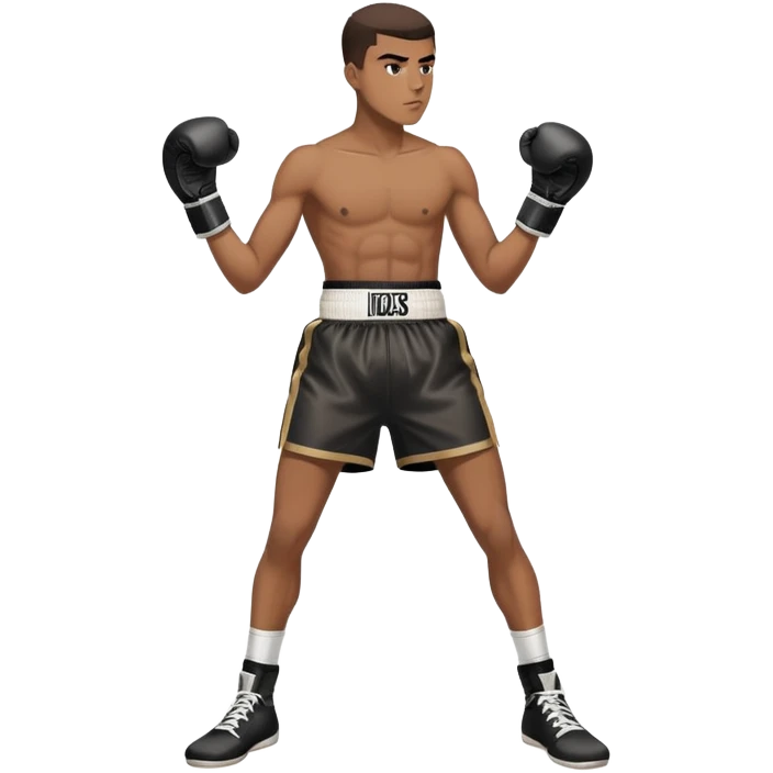 19-year-old lightweight Black male boxer in boxing stance, full body view, lean athletic build, boxing gloves, boxing shorts emoji
