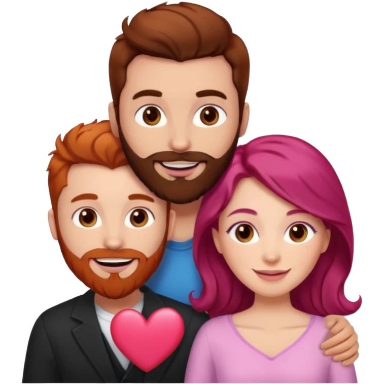 👩🏼‍❤️‍👨🏽 Something like this, but make the guy more lighter and give the girl a bit more red hair like ginger style make the guy have dark brown hair, same with the beard and add her in the middle top don’t forget the pink heart in the middle above us emoji