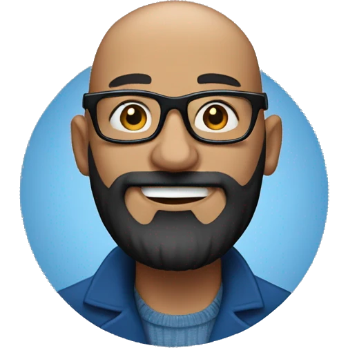Bald man smiling with glasses and a big, bushy black beard. Wearing a blue coat emoji