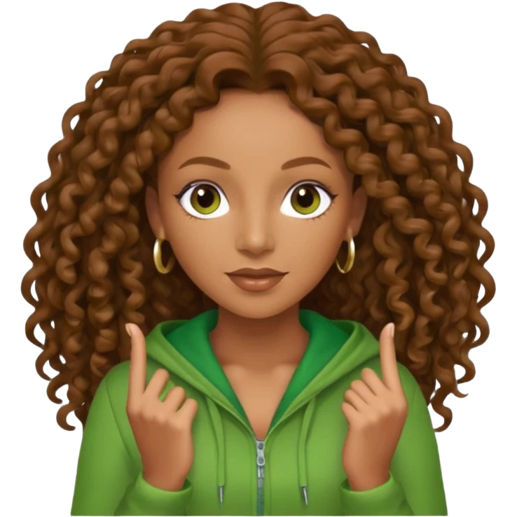 Mel B with brown long curly hair, green outfit emoji
