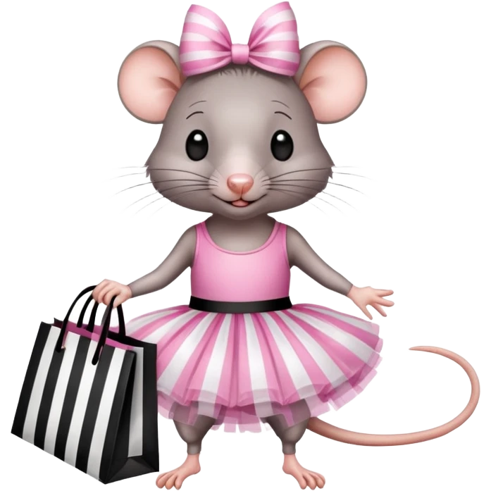 rat with a pink dress and tutu holding a black and white striped shopping bag emoji