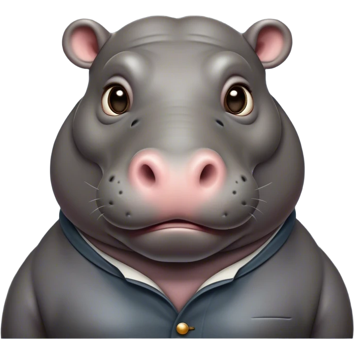 Cinematic Noble Hippo Portrait Emoji, Poised and regal, with a massive, robust build and a smooth, well-groomed slate-gray hide, deep-set soulful eyes, Simplified yet sharp and sophisticated features, highly detailed, glowing with a soft, dignified glow, high shine, intelligent and calm, stylized with an air of riverine majesty, focused and attentive, soft glowing outline, capturing the essence of a watchful and confident water-dweller, so majestic it feels as though it could lumber out of the screen with effortless authority! emoji