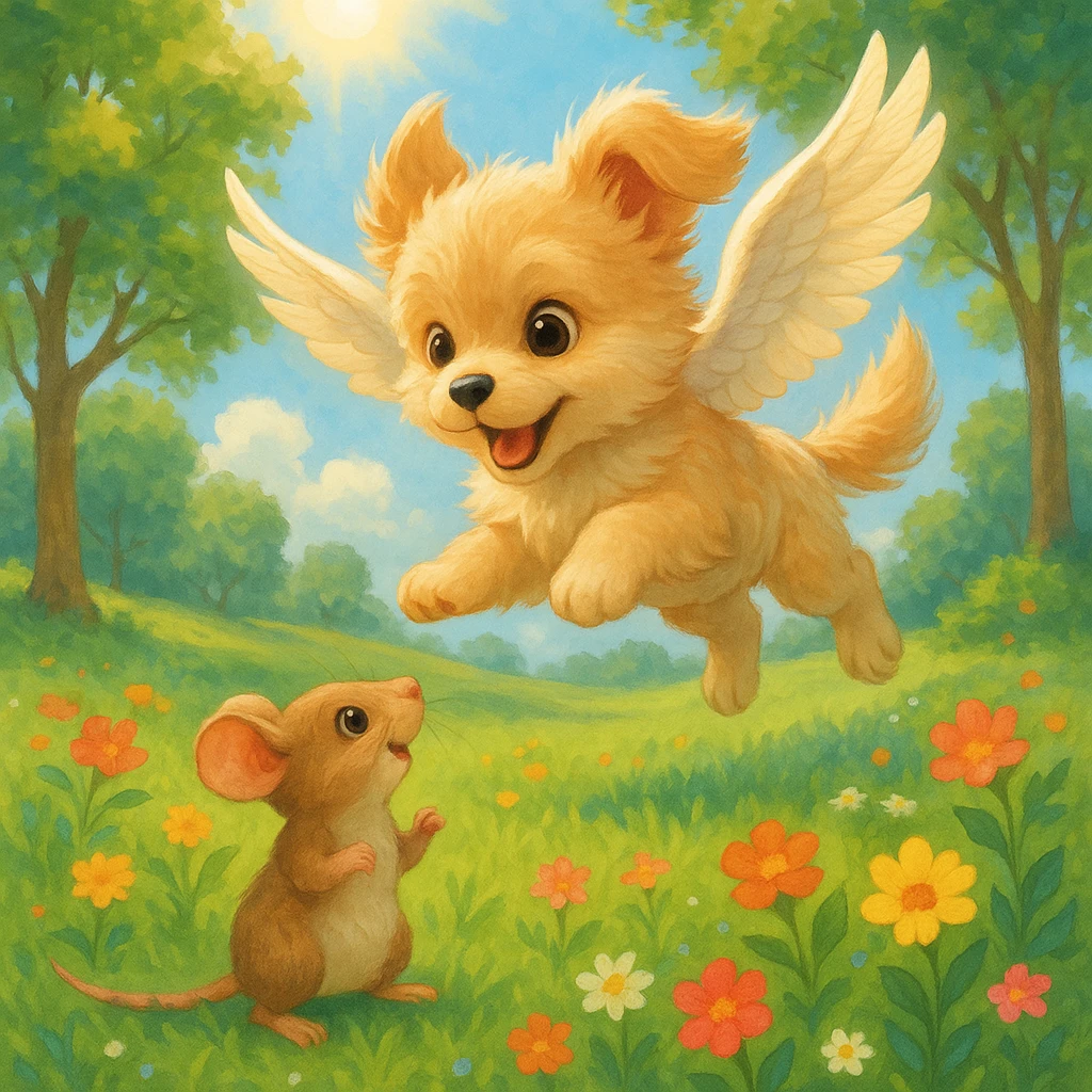 a fantasy scene of a winged dog flying over a mouse in a park, cheerful and cute emoji