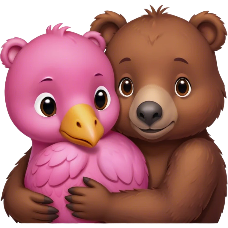 A cute brown bear and a cute pink dodo closely snuggled together emoji