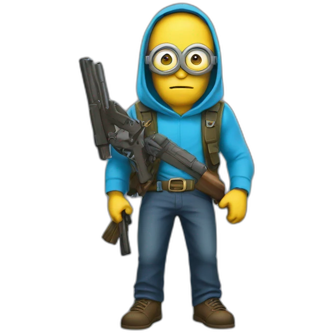 invisible minion in a blue sleeveless shirt with a hood, only his glasses are visible, he holds two guns, he has a belt with a gold insert in the shape of a star emoji