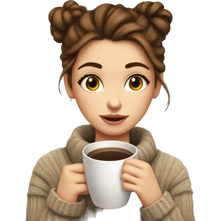 Cute brown haired girl in a cozy sweater hair in a messy bun drinking coffee emoji