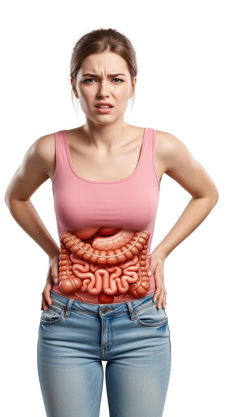 donna con intestino realistico e mal di pancia, iperrealistico 4k, isolata su sfondo bianco emoji
