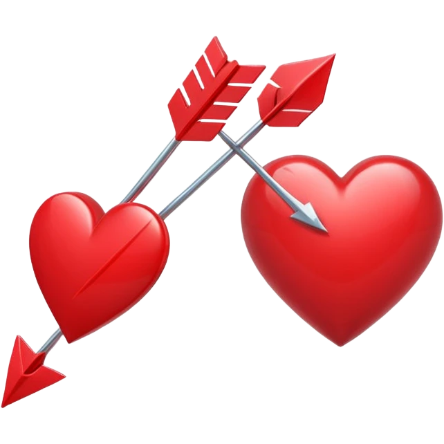 Apple-style 3D illustration of a glossy red heart pierced by a horizontal double-ended arrow. One end of the arrow has a small female symbol, the other end has a small male symbol. The heart is centered, shiny, with soft shadows, floating on a clean white background, minimal and emotional design emoji