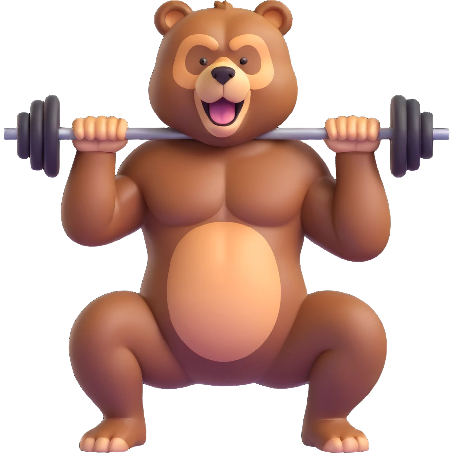 muscular brown bear performing squats, energetic and strong, fun dynamic pose emoji