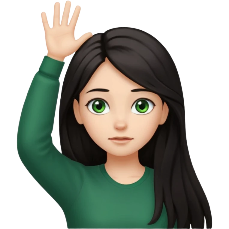 Animated girl dark long hair green eyes emoji holding right side of the head with her hand with duh facial expression , hand on top of her head emoji