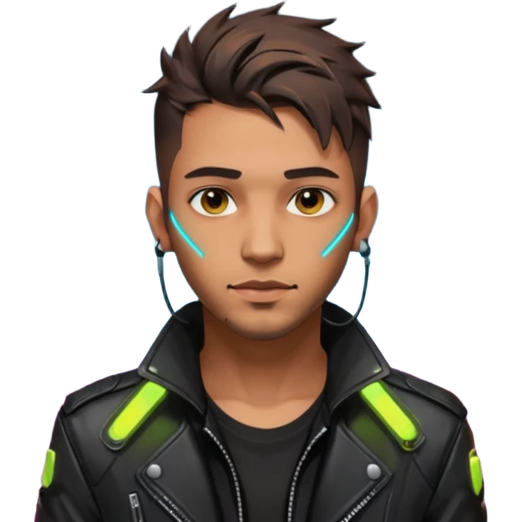 Cyberpunk street adult, hispanic, male, messy undercut, glowing earpiece, light stubble, brown eyes, neon reflections, headshot emoji