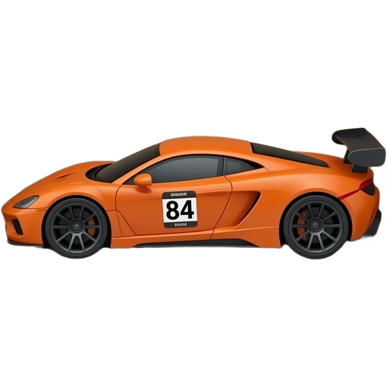 Toy orange race super car with a 84, in a package emoji